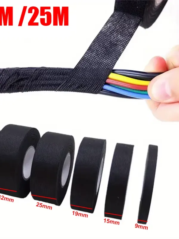 Product Universal High Temperature Wire Harness Wrapping Tape Self-Adhesive Automotive Wiring Harness Fabric Tape for Car Noise Damping 15M/25M Image