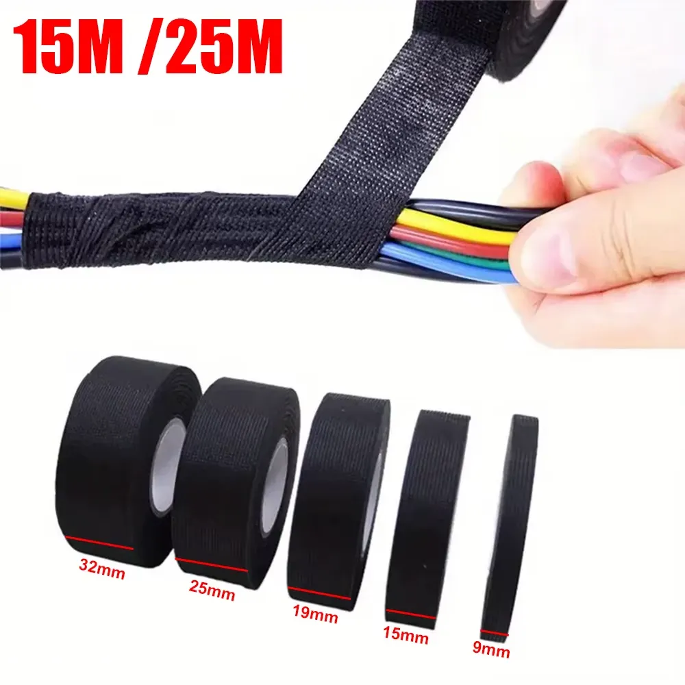 Universal High Temperature Wire Harness Wrapping Tape Self-Adhesive Automotive Wiring Harness Fabric Tape for Car Noise Damping 15M/25M